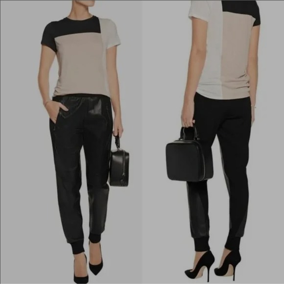 VINCE Black Genuine Leather Crepe Mixed Media Jogger Pants Size Large - Picture 1 of 14